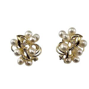 14K Yellow Gold Pearl and Diamond Cluster Omega Back Earrings #23568